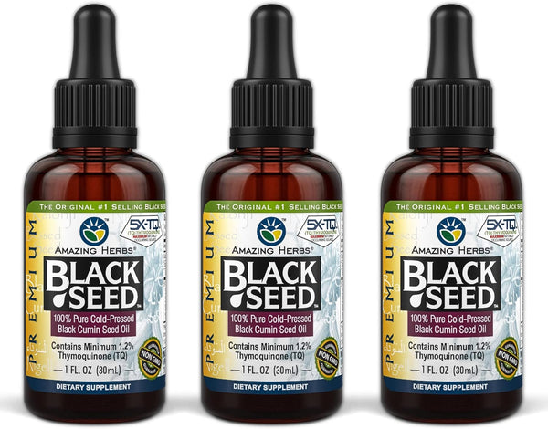 Amazing Herbs Premium Black Seed Oil - Gluten Free, Non-GMO, Cold Pressed - 1 Fl Oz (Pack of 3)