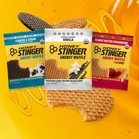 Pack 18, 6 Pack Honey Stinger Organic Energy Waffle Fan Favorites Variety of Vanilla, Cookies and Cream, Each of Peanut