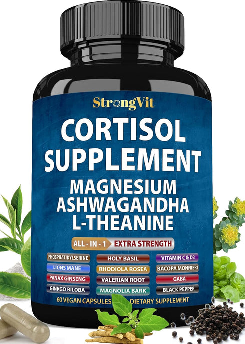 StrongVit Cortisol Supplements for Women and Men with Magnesium, Ashwagandha & L-Theanine.