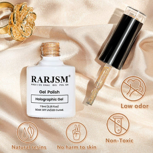 RARJSM Holographic Nail Polish - Shimmer Gold Gel Polish, Unicorn Effect Nail Art Colors, 7.5ML Curing Required