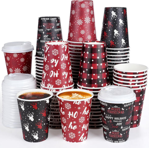 Hauwellter 100 Set Christmas Disposable Coffee Cups with Lids 12oz, Bulk Red and