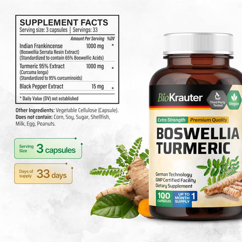 BIO KRAUTER Turmeric Supplement with Boswellia Extract Capsules - 2000 mg Blend, 100 Count, Vegan Formula
