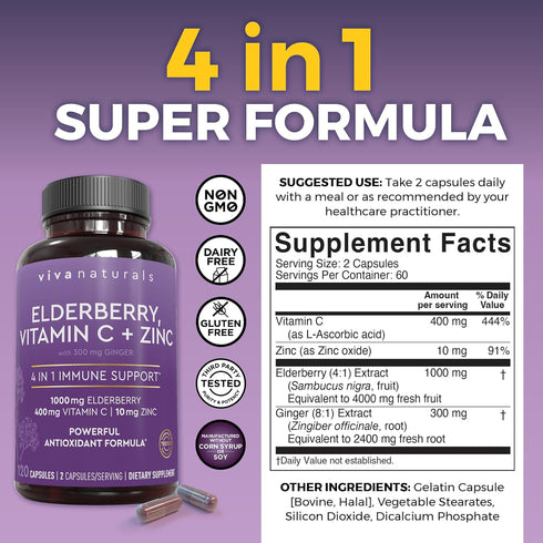 Viva Naturals 4-in-1 Daily Immune Support Supplement, 120 Capsules - 1000mg Sambucus Black Elderberry, Zinc, Vitamin C