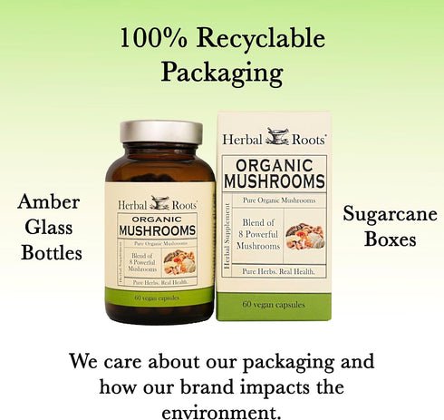 Herbal Roots Organic 8 Mushroom Blend Supplement Capsules - 100% Fruiting Body Extracts for Wellness and Immunity