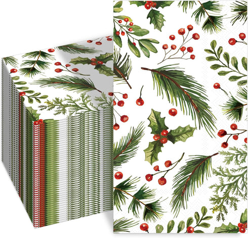 SMUAENSS 100 PCS Christmas Paper Napkins, 3-Ply Berries Pine Guest Napkins, Greenery Christmas