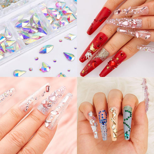Multi Shapes 3D Glass AB Nail Art Rhinestones, 1085 Pieces Crystal Clear Flatback Rhinestones with Organizer