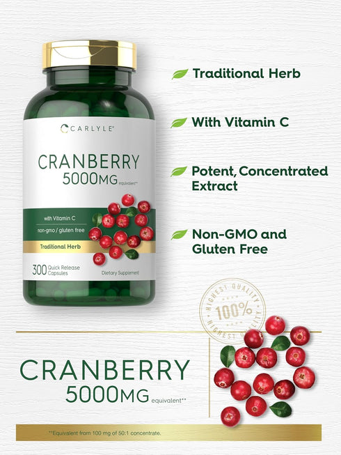 Carlyle Cranberry Pills 5000mg, 300 Capsules, with Vitamin C, Non-GMO, Gluten Free