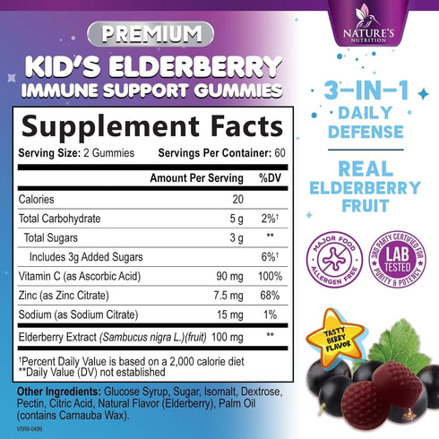 Children's Daily Immune Support Gummies, Real Elderberry + Vitamin C & Zinc for Healthy Immune System, 120 Gummies