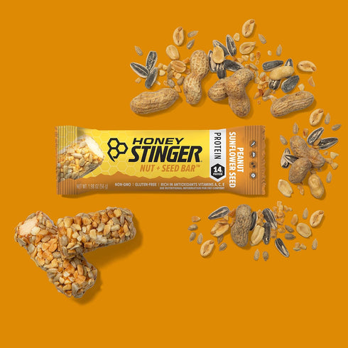 Honey Stinger Nut + Seed Bar, Peanut Sunflower Seed, Protein Packed Snack Bar for Exercise, Box of 12