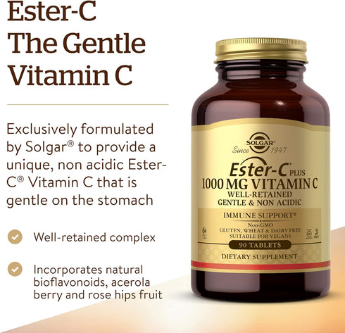Solgar Ester-C Plus 1000 mg Vitamin C (Ascorbate Complex), 90 Tablets - Gentle On The Stomach & Non Acidic - Antioxidant & Immune System Support - Non GMO, Vegan, Gluten Free, Kosher - 90 Servings