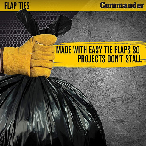 Commander 39 Gallon Black Garbage Bags with Flaps - 1.2 MIL, 33" x 41" - Pack of 40 for Home, Kitchen, Lawn, &