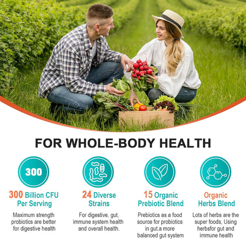 Probiotics for Women & Men - 300 Billion CFU & 24 Strains with 15 Organic Herbs for Digestive Health - 2 Month Supply