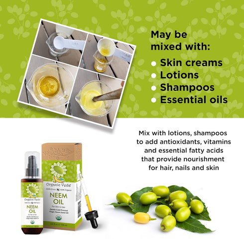 Organic Veda Neem Oil - Pure, Cold Pressed Neem Oil for Skin, Hair, Face, Body, Scalp - Rich in Vitamin E, 3.4 fl oz