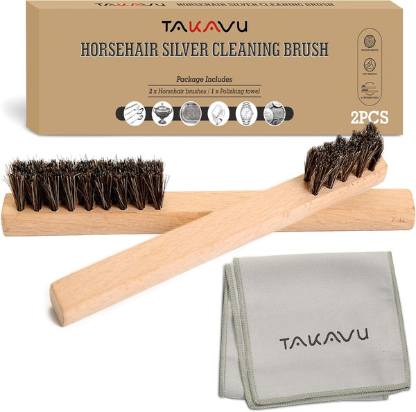 TAKAVU Horsehair Detail Brush Set, Silver Cleaning Brushes & Polish Cloth for Jewelry & Silverware