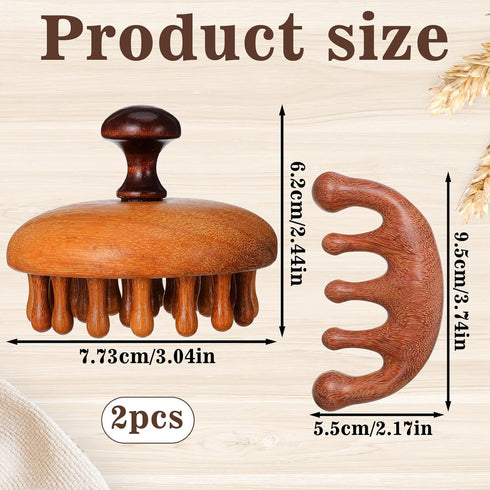 Trinkrittey 2 Pack Wooden Scalp Massager Comb Wooden Hair Brush Head Gua Sha Brush Hair Scrubber Portable Handheld
