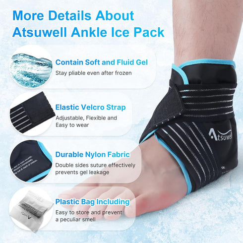 Atsuwell Ankle Ice Pack Wrap, Reusable Gel for Foot Ankle Heel, Cold Compress Therapy for Soothing Pain and Injuries
