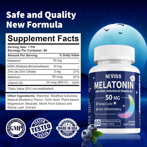 Melatonin 50 mg for Adults - Fast Dissolve Chewable Sleep Supplement with Vitamin D3 & MSM, 120 Servings for Deep Sleep