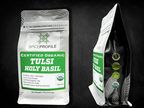 Spice Profile Organic Holy Basil Powder - USDA Certified, Resealable 4oz Pouch for Vitality and Wellness