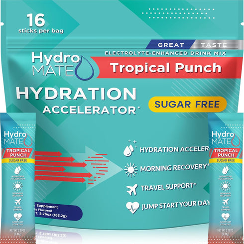 HydroMATE Electrolytes Powder, Sugar Free Tropical Punch Hydration Packets with Vitamin C, 16 Sticks