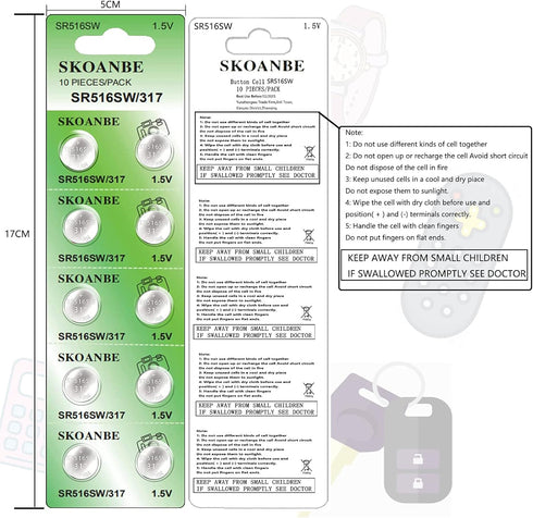 SKOANBE SR516SW 317 1.5V Button Coin Cell Silver Oxide Watch Battery (10-Pack)