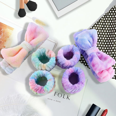 WSYUB Spa Headband and Wristband Set, 6pcs Gorgeous Tie Dye Color Cosmetic Headband for Washing Face