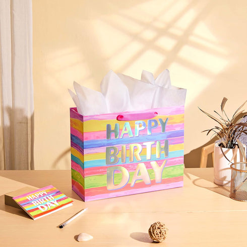 13" Large Birthday Gift Bag with Tissue Paper and Greeting Card, Colorful Gift Bag for Kids, Women, Mom