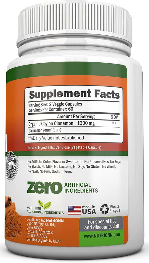 Organic Ceylon Cinnamon, 1200mg, 120 Capsules, True Cinnamon for Immune & Heart Health
