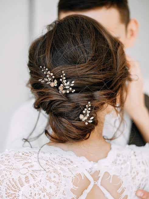 SWEETV Hair Pins, 3Pcs Bridal Hair Accessories, Pearl Wedding Hair Pins, Leaf Bridal Head Piece for Women
