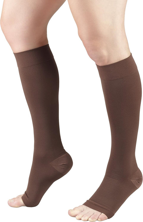 Truform 20-30 mmHg Compression Stockings, Knee High Length, Open Toe, Brown, Large