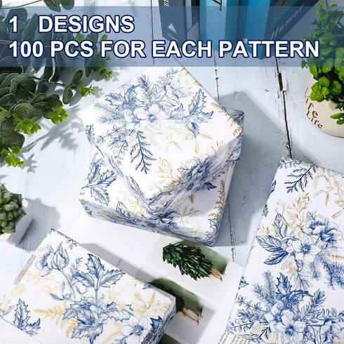 JarThenaAMCS 100 Sheet Floral Tissue Paper, Blue Gold Flower Berry Wrapping Paper for Wedding Birthday Baby Shower DIY