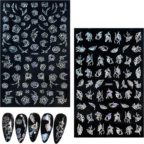 10 Sheets Flower Nail Stickers, Silver Nail Decals 3D Self-Adhesive Leaf Nail Art Stickers for Women Manicure
