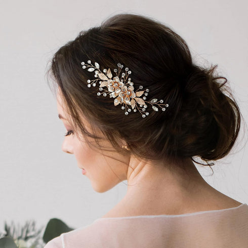 SWEETV Flower Bride Wedding Hair Comb - Pearl Bridal Hair Accessories, Crystal Jewelry Leaf Gold Headpiece