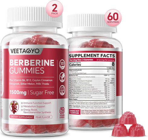 Berberine Supplement 1500mg, Sugar Free Berberine with Ceylon Cinnamon Gummies, 120 Cts