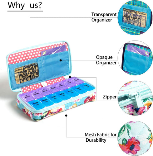 Zumd Weekly Pill Organizer, 7 Day Pill Box with Cute Quilted Fabric Zipper Case, Travel AM PM Vitamin Organizer