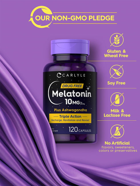 Carlyle Melatonin 10mg with Ashwagandha | 120 Capsules | Triple Strength Formula, Non-GMO, Gluten Free