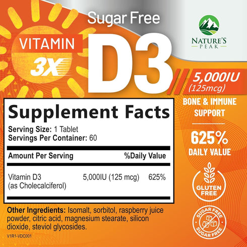 Vitamin D3 5000 IU (125 mcg) - Chewable D Vitamin for Bone, Teeth, Muscle & Immune Support, Sugar Free, Non-GMO, Gluten Free, Nature's Extra Strength Vitamin D Supplements - 60 Chewable Tablets