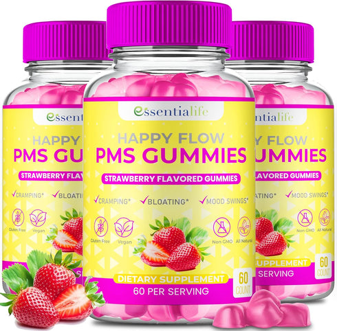 PMS Gummies - Happy Flow PMS Support Supplement for Women - Strawberry