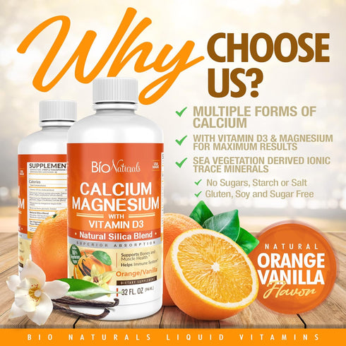 Calcium & Magnesium Liquid Supplement with Vitamin D3 - Natural Formula, 32 fl oz