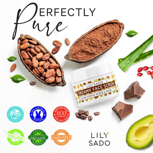 LILY SADO Cocoa & Coffee Creamy Face Scrub, Best Exfoliating Vegan Facial Cleanser, 4 oz