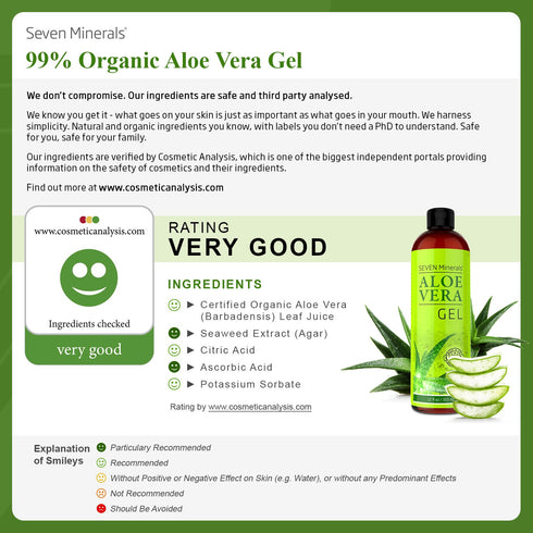 Seven Minerals Travel Size Organic Aloe Vera Gel - 2 Fl Oz - 100% Pure, Vegan, Unscented, Texas Grown