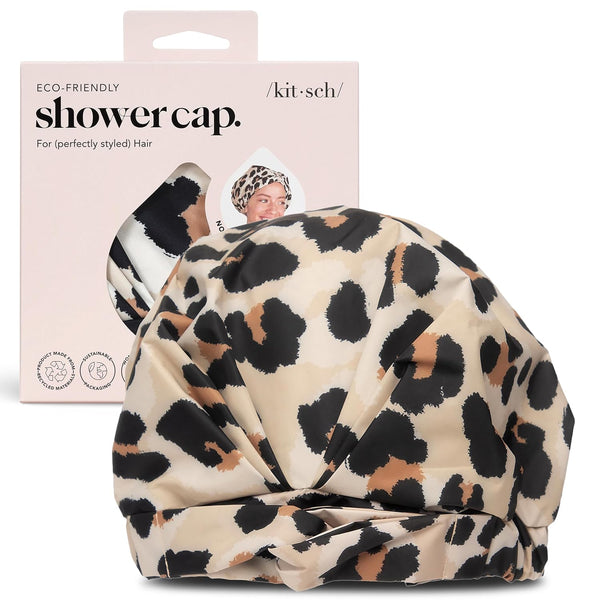 Kitsch Luxury Shower Caps for Women, Reusable Waterproof Large Cap, Non-slip Quick-dry Hair Cap, Leopard Design