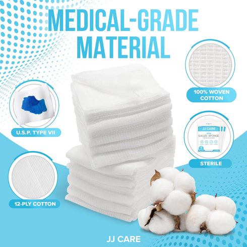 JJ CARE Sterile Gauze Pads 2" x 2" (Pack of 100), 12-Ply Cotton, Individually-Wrapped for First Aid Kit & Wound Care