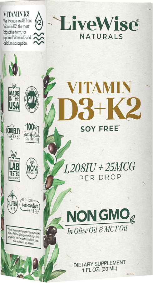 Vitamin D3 with K2 Liquid Drops, All Natural, Non-GMO, 1208iu D3 and 25mcg K2 per Serving, Supports Bones