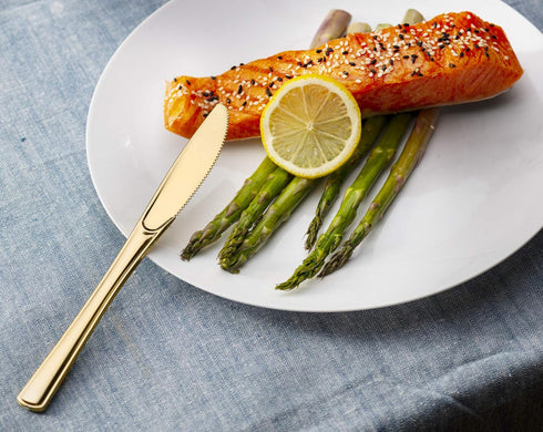 Pack 160 Plasticpro Disposable Heavy Duty Gold Plastic Knives, Fancy Plastic Silverware Looks Like Real Gold Cutlery