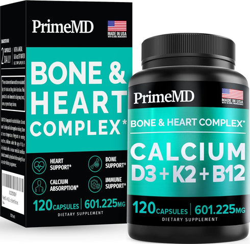 PrimeMD 4-in-1 Calcium Supplements 600mg with Vitamin D3 K2 B12 for Heart & Bone Health, 120 Count