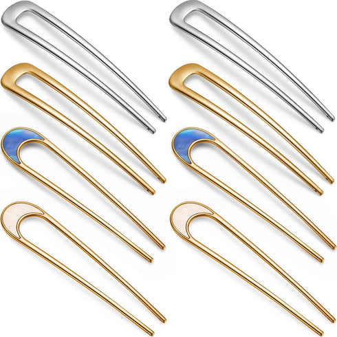 WILLBOND 8 Pieces French Hair Pin, Metal U Shaped Pins, 4 Inch Chignon Sticks for Women
