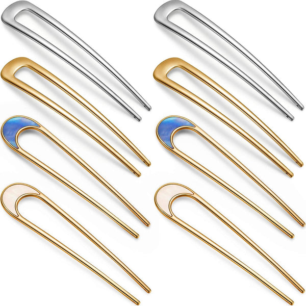 WILLBOND 8 Pieces French Hair Pin, Metal U Shaped Pins, 4 Inch Chignon Sticks for Women