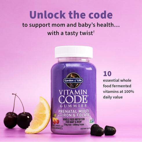 Garden of Life Prenatal Gummy Vitamins for Women, 90 Cherry Lemonade Gummies with Iron & Probiotics