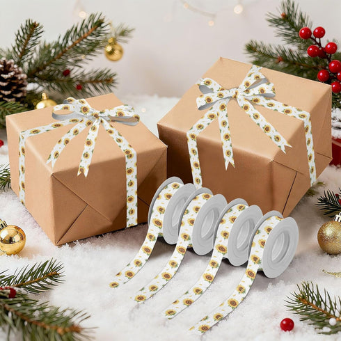 YKZEYK 1/2" 25 Ribbon for Gift Wrapping Sunflowers Leaves White Pattern Fabric Ribbon Yards, Thick Gift Wrap Ribbons