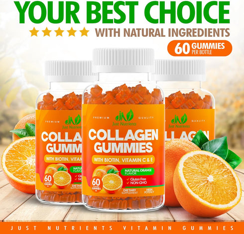 Collagen Peptides Gummies with Biotin, Vitamin C & E for Hair, Skin, Nails & Joints, 60 Gummies, Gluten-Free